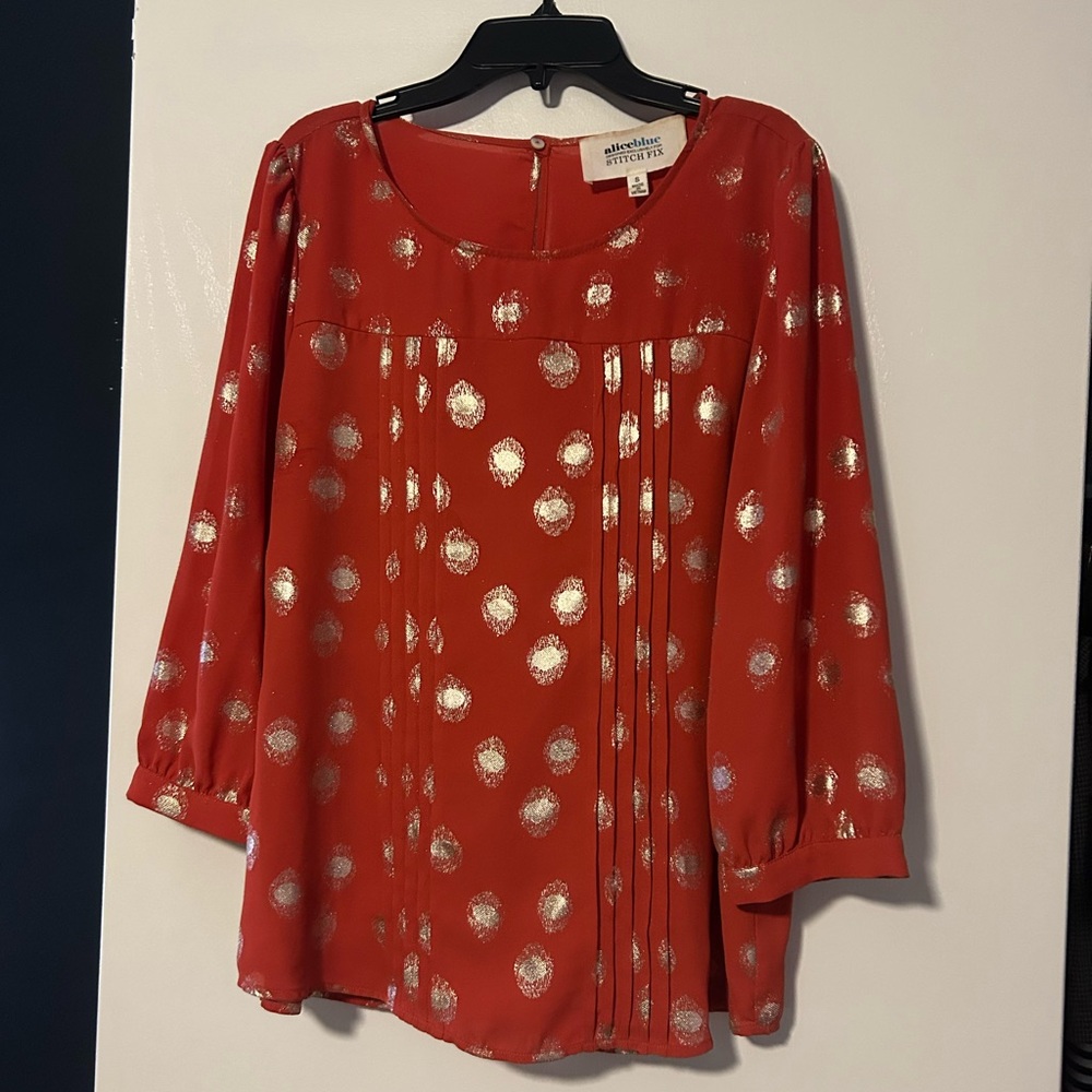 Alice Blue orange Blouse with metallic gold Polka Dots
